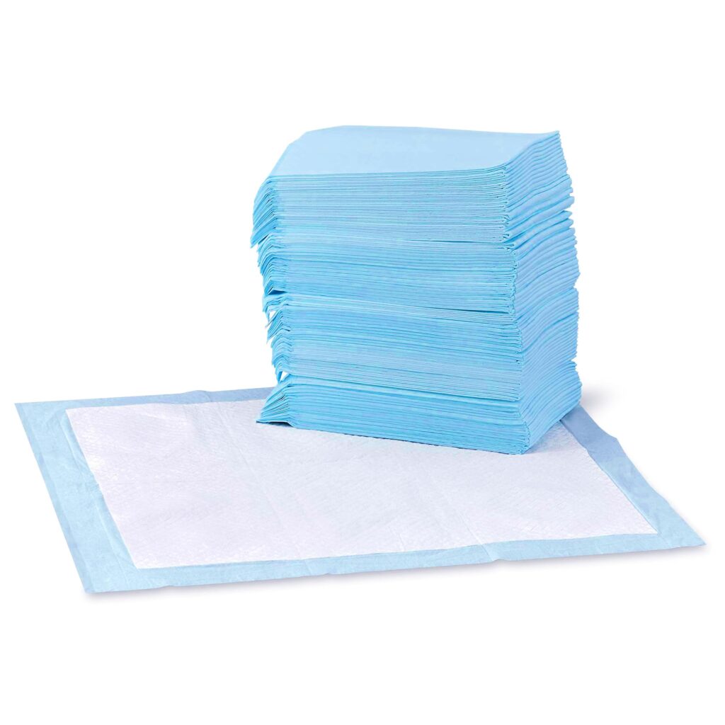 Amazon Basics Dog and Puppy Pee Pads, 5-Layer Leak-Proof Super Absorbent, Quick-Dry Surface, Potty Training, Regular (22×22″), 100 Count, Blue & White