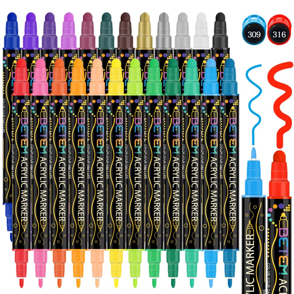 Betem 24 Colors Dual Tip Acrylic Paint Pens Markers, Premium Acrylic Paint Pens for Halloween Decorations, Wood, Canvas, Stone, Rock Painting, Glass, Ceramic Surfaces, Pumpkin Painting Kit DIY Crafts